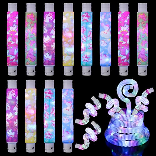 12 Pcs Unicorn Light up Tubes Sensory Toys for Kids Valentines Gifts Stretch Fidget Toys LED Stocking Stuffers Glow in The Dark Party Favor for Birthday Goodie Bag Classroom Exchange Gifts