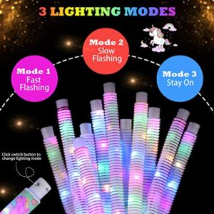 12 Pcs Unicorn Light up Tubes Sensory Toys for Kids Valentines Gifts Stretch Fidget Toys LED Stocking Stuffers Glow in The Dark Party Favor for Birthday Goodie Bag Classroom Exchange Gifts