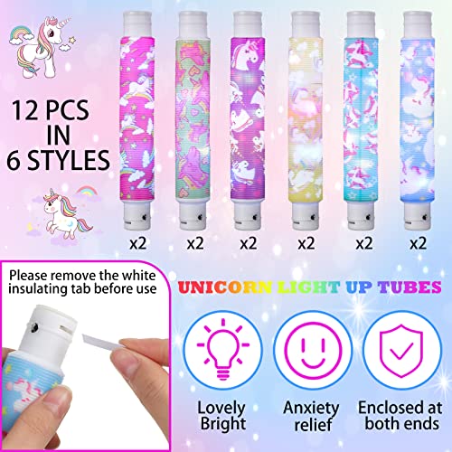 12 Pcs Unicorn Light up Tubes Sensory Toys for Kids Valentines Gifts Stretch Fidget Toys LED Stocking Stuffers Glow in The Dark Party Favor for Birthday Goodie Bag Classroom Exchange Gifts