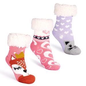 cozople winter kids fuzzy slipper socks soft thermal non skid stockings for girls pink cat graphic warm fluffy fleece lined home socks with grippers think christmas stocking stuffers for girls 5-8t