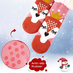 Cozople Winter Kids Fuzzy Slipper Socks Soft Thermal Non Skid Stockings for Girls Pink Cat Graphic Warm Fluffy Fleece Lined Home Socks with Grippers Think Christmas Stocking Stuffers for Girls 5-8T