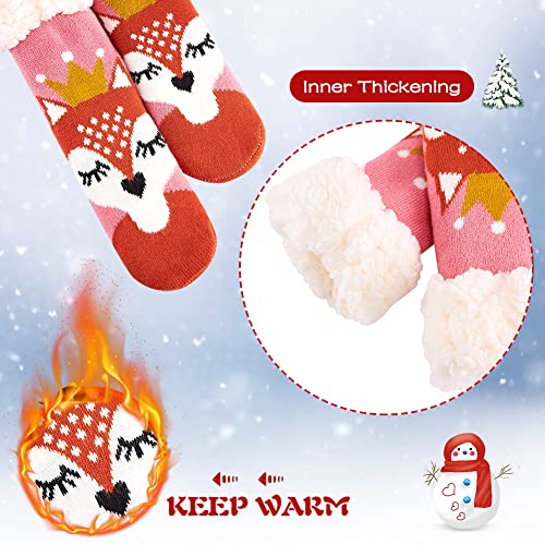 Cozople Winter Kids Fuzzy Slipper Socks Soft Thermal Non Skid Stockings for Girls Pink Cat Graphic Warm Fluffy Fleece Lined Home Socks with Grippers Think Christmas Stocking Stuffers for Girls 5-8T