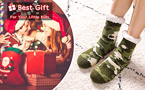 Kids Boys Girls Fuzzy Slipper Socks Soft Warm Thick Fleece lined Christmas Stockings For Child Toddler Winter Home Socks (Green Camouflage, 5-8 Years)