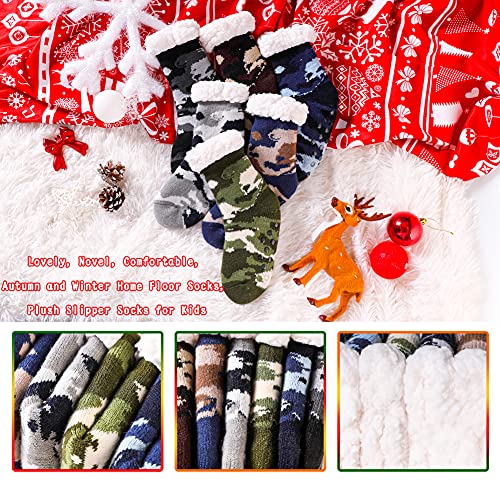 Kids Boys Girls Fuzzy Slipper Socks Soft Warm Thick Fleece lined Christmas Stockings For Child Toddler Winter Home Socks (Green Camouflage, 5-8 Years)