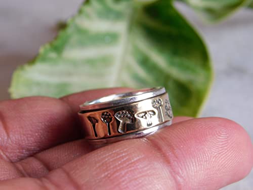 Personalized Silver Mushroom 925 Sterling Silver ring, Mushroom spinner Ring, Women Girls Girlfriends, Wedding Band, Forest Jewelry, Engraved Ring, Stocking Stuffer, (6), Silver & brass, 4 - 14 Size