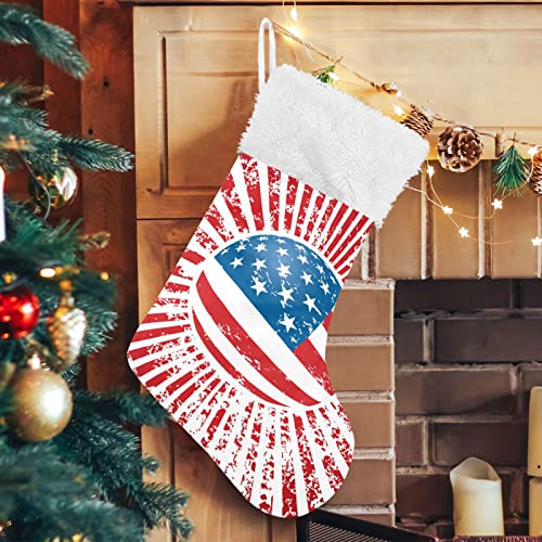 Kigai Christmas Stockings American Flag Stripe Large Candy Stockings Stuffers Kids Cute Xmas Sock Decorations 1PC for Home Holiday Party 12" x18"