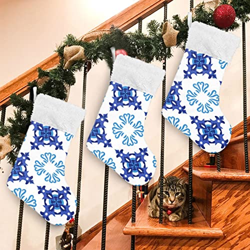 Kigai Christmas Stockings Blue White Ceramic Tile Large Candy Stockings Stuffers Kids Cute Xmas Sock Decorations 2PCS for Home Holiday Party 12" x18"