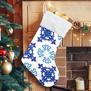 Kigai Christmas Stockings Blue White Ceramic Tile Large Candy Stockings Stuffers Kids Cute Xmas Sock Decorations 2PCS for Home Holiday Party 12" x18"