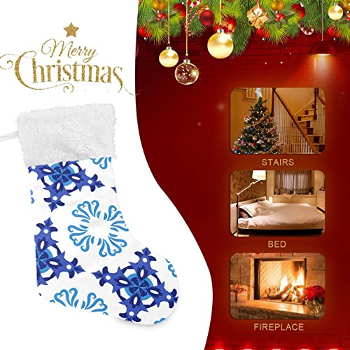 Kigai Christmas Stockings Blue White Ceramic Tile Large Candy Stockings Stuffers Kids Cute Xmas Sock Decorations 2PCS for Home Holiday Party 12" x18"