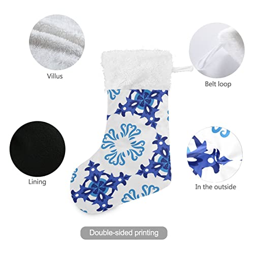 Kigai Christmas Stockings Blue White Ceramic Tile Large Candy Stockings Stuffers Kids Cute Xmas Sock Decorations 2PCS for Home Holiday Party 12" x18"