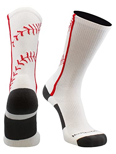 MadSportsStuff Baseball Socks with Stitches in Crew Length (White/Red, Medium)