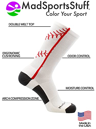 MadSportsStuff Baseball Socks with Stitches in Crew Length (White/Red, Medium)