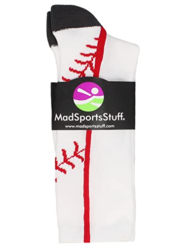 MadSportsStuff Baseball Socks with Stitches in Crew Length (White/Red, Medium)