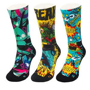 jdq 3 pairs funny socks- mens stocking stuffers christmas novelty gift, crazy cool socks, graffiti pattern colorful dress calf crew socks, women men teens- m