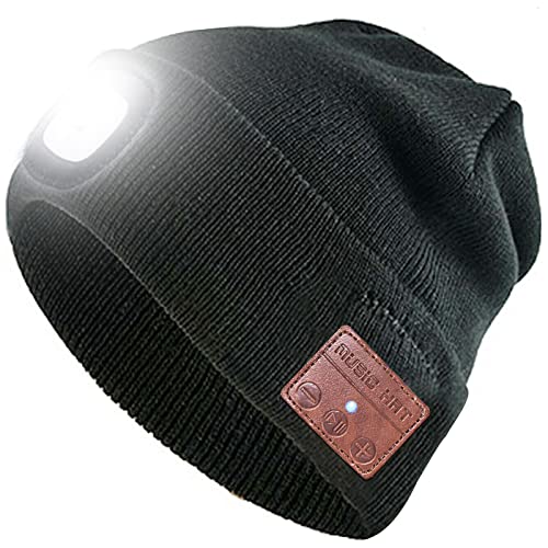 Wireless Beanie Music Hat with Light Unisex Musical Knitted Cap Rechargeable Beanie with Light Built-in Speakers & Mic Stocking Stuffers Gifts for Men Women Running Camping Fishing