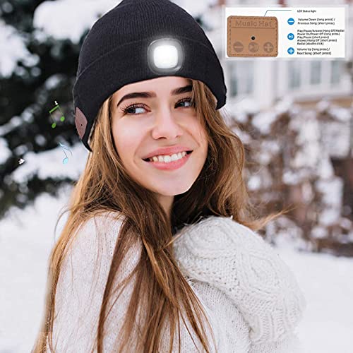 Wireless Beanie Music Hat with Light Unisex Musical Knitted Cap Rechargeable Beanie with Light Built-in Speakers & Mic Stocking Stuffers Gifts for Men Women Running Camping Fishing