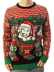 ugly christmas party sweater men’s- unisex dogs/puppies stocking stuffers-large puppies in stocking red