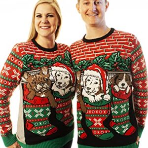 Ugly Christmas Party Sweater Men's- Unisex Dogs/Puppies Stocking Stuffers-Large Puppies in Stocking Red