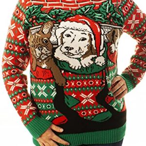 Ugly Christmas Party Sweater Men's- Unisex Dogs/Puppies Stocking Stuffers-Large Puppies in Stocking Red