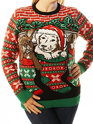 Ugly Christmas Party Sweater Men's- Unisex Dogs/Puppies Stocking Stuffers-Large Puppies in Stocking Red