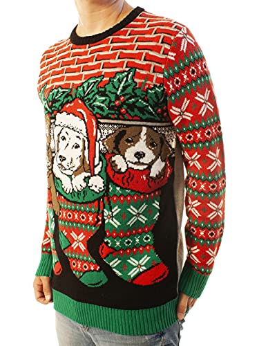 Ugly Christmas Party Sweater Men's- Unisex Dogs/Puppies Stocking Stuffers-Large Puppies in Stocking Red