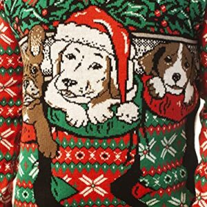 Ugly Christmas Party Sweater Men's- Unisex Dogs/Puppies Stocking Stuffers-Large Puppies in Stocking Red