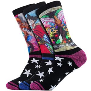 iamacos one piece socks 3 pack, anime patterned colorful stretch athletic socks full cushioned crew socks casual, unisex, tony tony chopper + luffy + nami