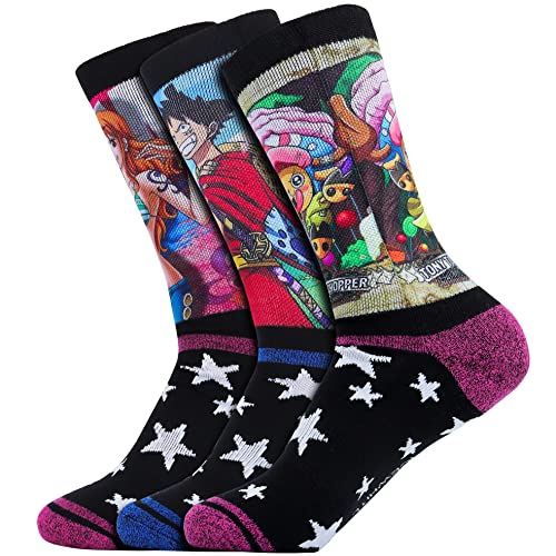 IamaCos One Piece Socks 3 Pack, Anime Patterned Colorful Stretch Athletic Socks Full Cushioned Crew Socks Casual, Unisex, Tony Tony Chopper + Luffy + Nami