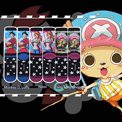 IamaCos One Piece Socks 3 Pack, Anime Patterned Colorful Stretch Athletic Socks Full Cushioned Crew Socks Casual, Unisex, Tony Tony Chopper + Luffy + Nami