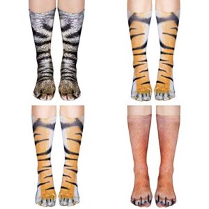 4 pairs animal paw socks unisex 3d print cat dog tiger novelty stockings for women men white elephant gag gifts prank christmas party favors