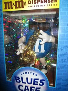 new in box limited edition — htf — blues cafe m&m candy dispenser — blue m & m saxophone player complete with sax and sunglasses — as shown