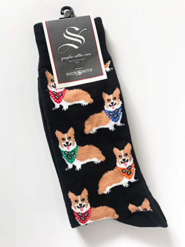 Socksmith Mens' Novelty Crew Socks "Corgi", Black, Sock Size 10-13, Shoe Size 7-12.5