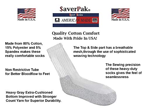 $averPak 4 Pack - American Made Moisture Control Comfort Cool Cushioned Men & Women Crew Socks White-Grey (Sock Size 10-13)