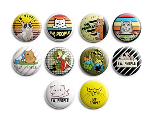 Creanoso Funny Cat - Ew, People Button Pins (1-Set X 10 Buttons) - Stocking Stuffers Premium Quality Gift Ideas for Children, Teens, & Adults - Corporate Giveaways & Party Favors