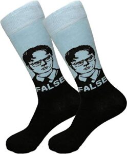 balanced co. dwight schrute dress socks rainn wilson funny socks crazy socks casual cotton crew socks (false black/light blue)