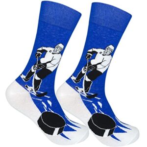funatic hockey novelty crew socks | unisex gift apparel for men women | best sport day lover present with original player puck stick and helmet image | perfect holiday accessory | one size fits most