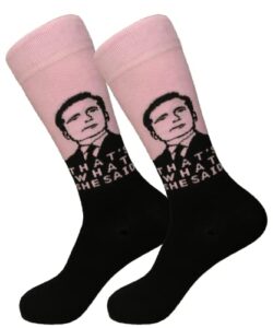 balanced co. that’s what she said dress socks michael scott funny socks crazy socks casual cotton crew socks (pink)