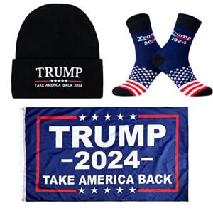 trump 2024 flag 3x5 feet beanie hat and novelty socks for men women,christimas gifts stocking stuffers for father dad grandpa