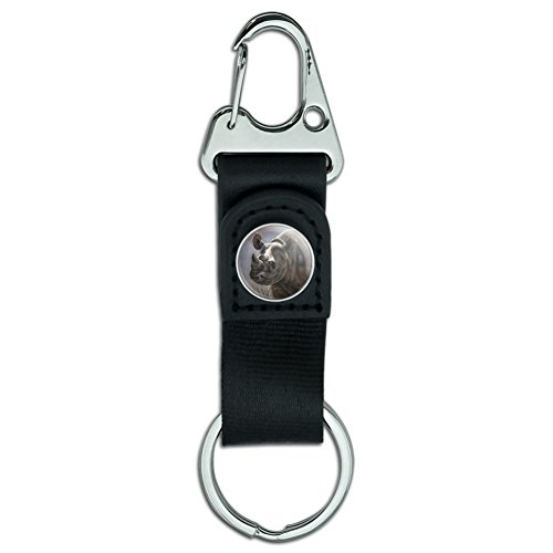 Black Rhino Rhinoceros Keychain with Leather Fabric Belt Clip-On Carabiner