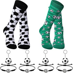 jagely 10 pcs novelty soccer socks gift pack,including 2 pairs soccer crew socks, 4 pcs adjustable soccer bracelets, 4 pcs soccer keychains for men women and teens, one size