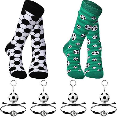 JaGely 10 Pcs Novelty Soccer Socks Gift Pack,Including 2 Pairs Soccer Crew Socks, 4 Pcs Adjustable Soccer Bracelets, 4 Pcs Soccer Keychains for Men Women and Teens, One Size