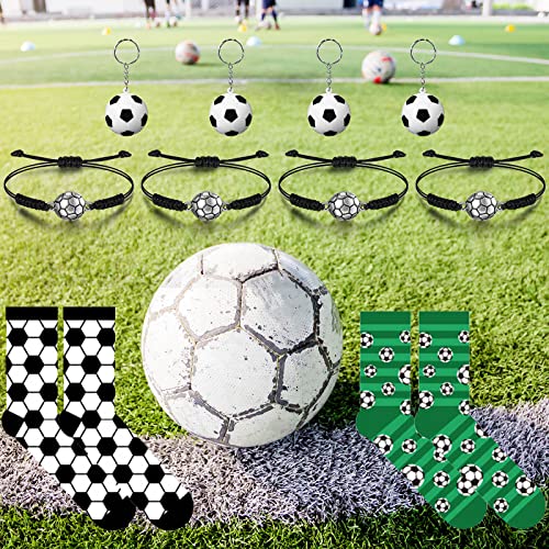 JaGely 10 Pcs Novelty Soccer Socks Gift Pack,Including 2 Pairs Soccer Crew Socks, 4 Pcs Adjustable Soccer Bracelets, 4 Pcs Soccer Keychains for Men Women and Teens, One Size