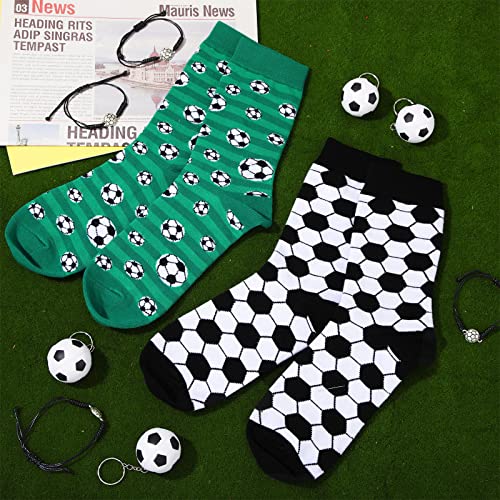 JaGely 10 Pcs Novelty Soccer Socks Gift Pack,Including 2 Pairs Soccer Crew Socks, 4 Pcs Adjustable Soccer Bracelets, 4 Pcs Soccer Keychains for Men Women and Teens, One Size