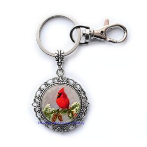 Cardinal Art Glass Key Ring Keychain Red Bird Jewelry Cardinal Charm Handmade Glass Photo Art Keychain-JV133