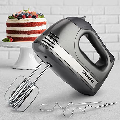 Mueller Electric Hand Mixer, 5 Speed 250W Turbo with Snap-On Storage Case and 4 Stainless Steel Accessories for Easy Whipping, Mixing Cookies, Brownies, Cakes, and Dough Batters