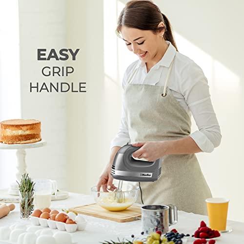 Mueller Electric Hand Mixer, 5 Speed 250W Turbo with Snap-On Storage Case and 4 Stainless Steel Accessories for Easy Whipping, Mixing Cookies, Brownies, Cakes, and Dough Batters