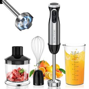 Immersion Handheld Blender, Bonsenkitchen Stainless Steel Hand Stick Blender, 20-Speed and Turbo, 4-In-1 Hand Blender with Egg Whisk, 24oz Beaker & 17oz Chopper Bowl for Smoothies, Puree, Baby Food