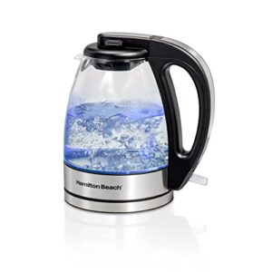 hamilton beach glass electric tea kettle, water boiler & heater, 1 l, cordless, led indicator, auto-shutoff & boil-dry protection (40930), clear