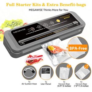 MegaWise 80kpa Powerful but Compact Vacuum Sealer Machine, Bags and Cutter Included, One-Touch Automatic Food Sealer with External Vacuum System for All Saving needs, Dry Moist Fresh Modes