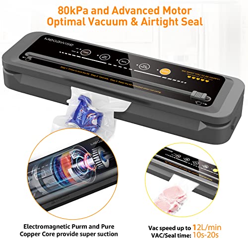 MegaWise 80kpa Powerful but Compact Vacuum Sealer Machine, Bags and Cutter Included, One-Touch Automatic Food Sealer with External Vacuum System for All Saving needs, Dry Moist Fresh Modes